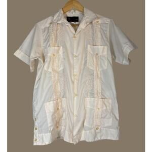 Vintage Cream Beige Guayabera Shirt Short Sleeve Button Up Mens Small Authentic